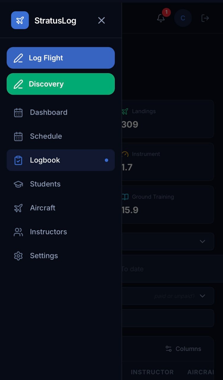 StratusLog mobile navigation and logbook menu